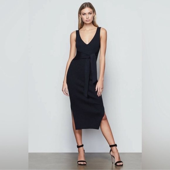 Good American Dresses & Skirts - Good American Black Bodycon Ribbed Knit Tie Waist Midi Dress Size 1 Small